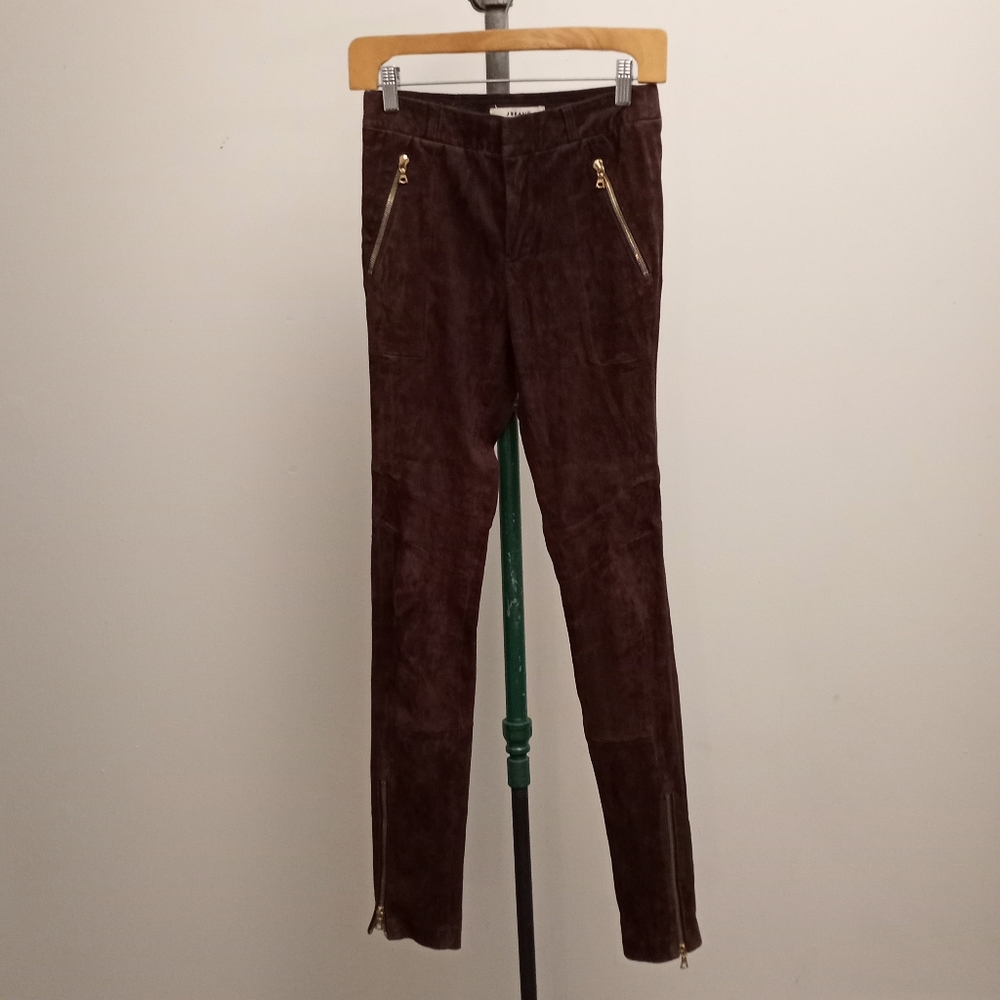 J BRAND Brown Lambskin Suede Pants w/Gold Zippers
